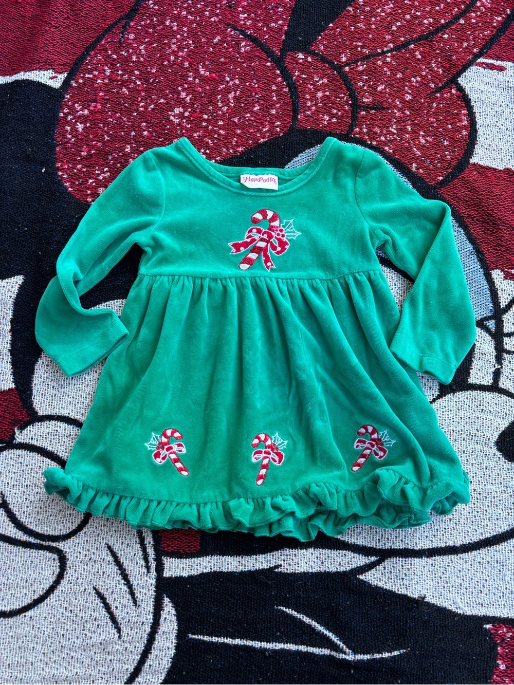 VINTAGE FLAPDOODLES GREEN VELOUR SEQUIN CANDY CANE HOLIDAY GIRLS TOP SIZE 2T
